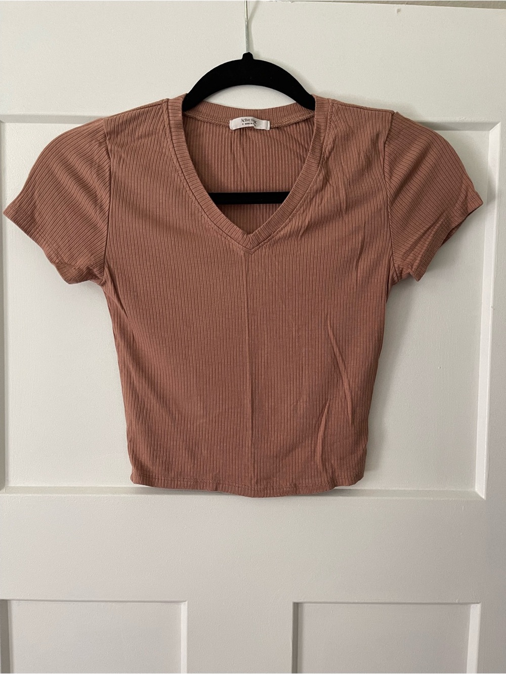 Active Basic Ribbed V-Neck Short Sleeve Crop Top - Mauve